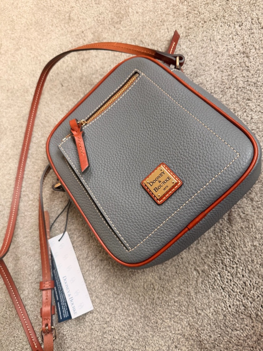 Dooney & Bourke Gray Crossbody with Brown Trim and Gold Hardware